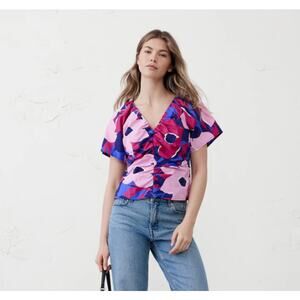 Banana Republic Poplin Blouse Pink Blue Floral Puff Sleeve Vneck Short Sleeve 14